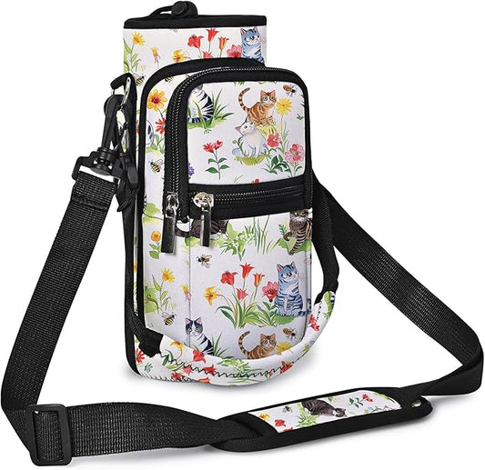 25/32/40/64oz Water Bottle Bag Holder Carrier-Insulated Crossbody Sling Case Sleeve with Strap & Pockets for Men Women Gym Cycling Travel Walking Hiking Camping