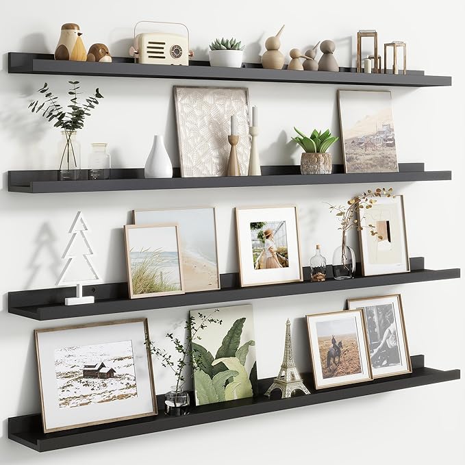 Floating Picture Ledge Shelves for Wall Set of 4, 48 Inch Wall Shelves with Lip Long Large Nursery Book Shelf for Toys Storage Kids Bookshelf Wall Mounted Living Room Bedroom Decor Frames
