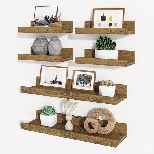 Axeman Picture Ledge Shelf, Floating Shelves for Wall Storage Set of 6, 16 inch Floating Wall Mounted Shelves, Wall Shelves with Lip for Living Room, Bedroom, Nursery, Bathroom, Kitchen, Rustic Brown