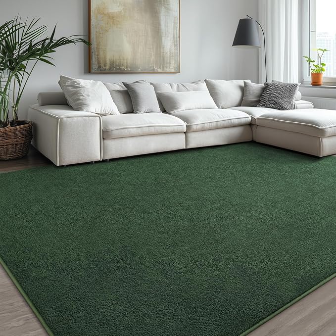 Kimicole 7x10 Washable Area Rugs for Living Room Bedroom, Large Low Pile Ulta-Thin Solid Color Rug, Non-Slip Soft Fluffy Carpet for Nursery Kids Room Dorm Room Home Decor (Dark Green)