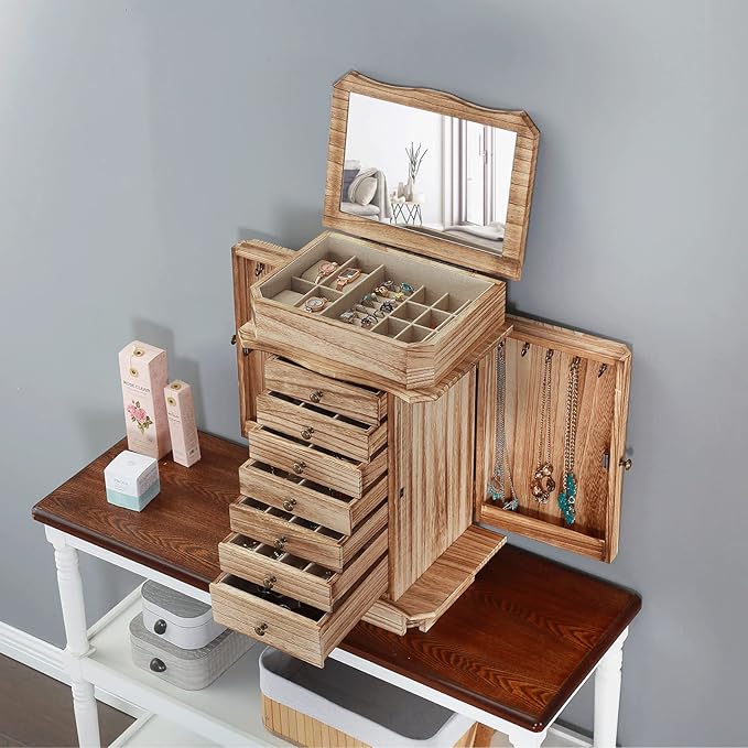 Standing Jewelry Armoire, 7 Drawers & 2 Side Doors Jewelry Amoire Cabinet Standing with Top Flip Makeup Mirror, Jewelry Chest Jewelry Boxes