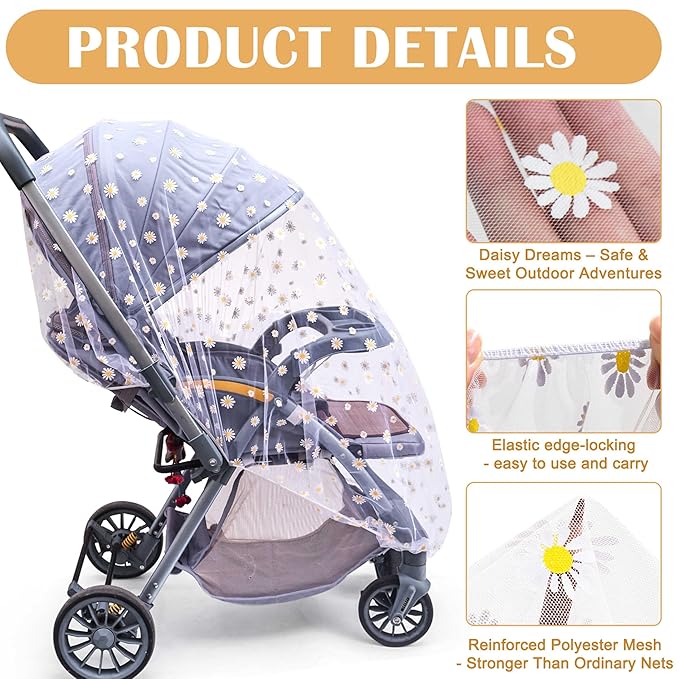 Baby Stroller Mosquito Net (2 Pack) - Durable Mesh Protection for Bassinets, Cradles, Playards, Pack N Plays & Portable Mini Cribs | Breathable Universal Fit Insect Barrier (Black + Daisy)