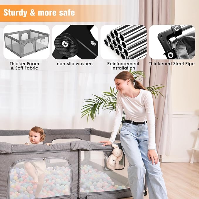 Foldable Baby Playpen with Gate, Extra Large Collapsible Play Yard for Babies & Toddlers, Portable Travel Play Pen with Fence, Safe Activity Center for Indoor & Outdoor Use (59"×71" Grey)