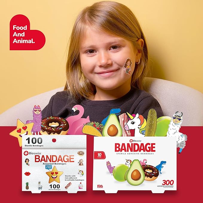 BioSwiss Bandages, Assorted Animal, Fun, and Food Shaped Self Adhesive Bandage, Latex Free Sterile Wound Care, 300 Count
