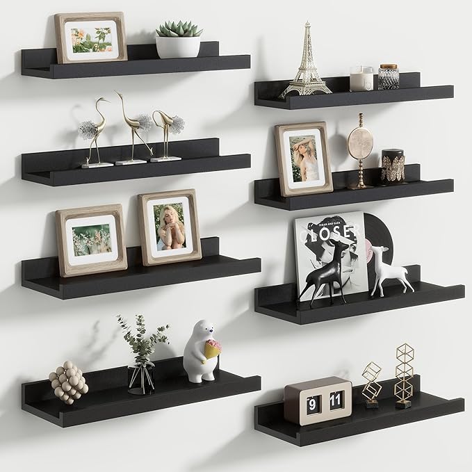 Floating Picture Ledge Shelves for Wall Set of 8, 16 Inch Solid Wood Wall Shelves with Lip Long Large Nursery Book Shelf for Toys Storage Kids Bookshelf Wall Mounted Living Room Bedroom Decor Frames