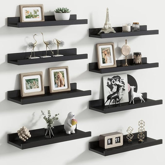 Floating Picture Ledge Shelves for Wall Set of 8, 16 Inch Solid Wood Wall Shelves with Lip Long Large Nursery Book Shelf for Toys Storage Kids Bookshelf Wall Mounted Living Room Bedroom Decor Frames