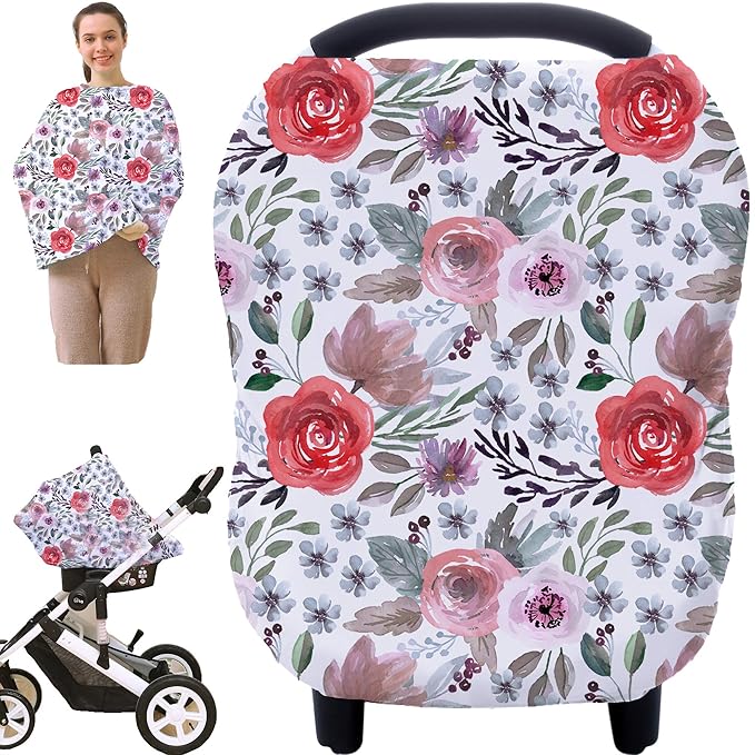 Multi-use Canopy Breastfeeding Cover - Car Seat Canopy for Babies, Stretchy Carseat Cover, Boys and Girls Shower Gift (Purple Flower)