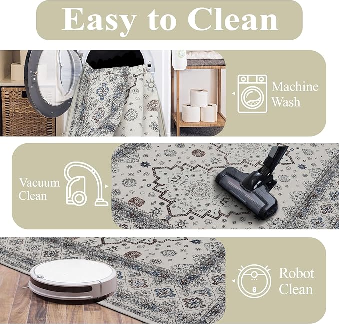 9x12 Area Rug Living Room Rugs, Stain Resistant Washable Rug, Vintage Large Non-Slip Backing, Low Pile Lightweight Print Rug for Bedroom Dinning Room Home Office (White Cream/Gray)