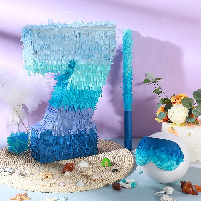 Sratte Number 1 2 3 4 5 6 7 8 9 Piñata with Stick Blindfold Confetti, Gradient Blue Piñata for Kids Boys Girls Birthday Party Anniversary Decorations Supplies(Number 7)