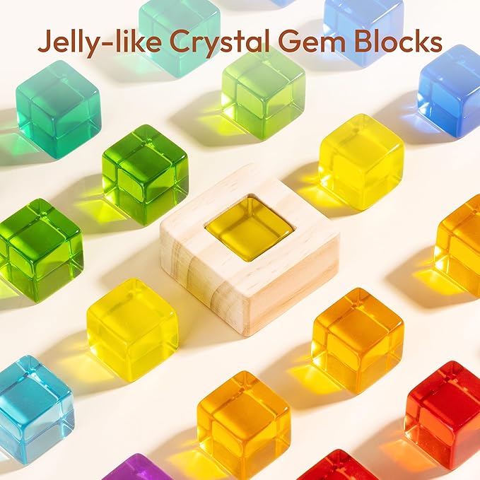 Wooden Rainbow Building Blocks Set for Kids, 22 PCS Wooden Blocks & 25 PCS Gem Cubes Stacking Blocks, Montessori Stacking Toys for Toddlers, Educational STEM Easter Toys for Boys Girls 3-6