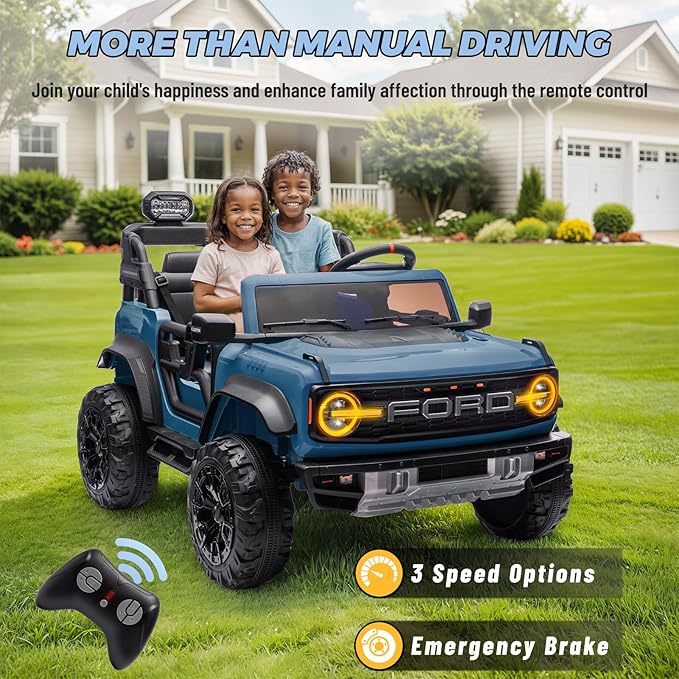 ENYOPRO 2 Seater Ride On Car for Kids, 24v Licensed Ford Bronco Raptor Electric Power Ride On Truck Toy with Remote Control, 4 Wheels Shock Absorption, Soft Start, Bluetooth, Radio, 3 Speed - Blue