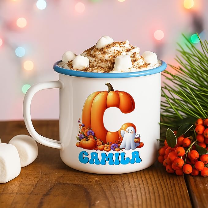 Personalized Halloween Enamel Mug with Ghost Pumpkin Initial, 12oz Custom Name on Ghost Coffee Mugs, Halloween Party Gift for Family