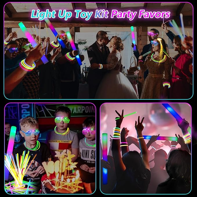 148 PCS Glow in the Dark Party Supplies, 16PCS Foam Glow Sticks, 16PCS LED Glasses,100PCS Glow Sticks Bracelets and 16Pcs LED Hair Clips Fiber Optic for Glow Party, Wedding, Halloween Party