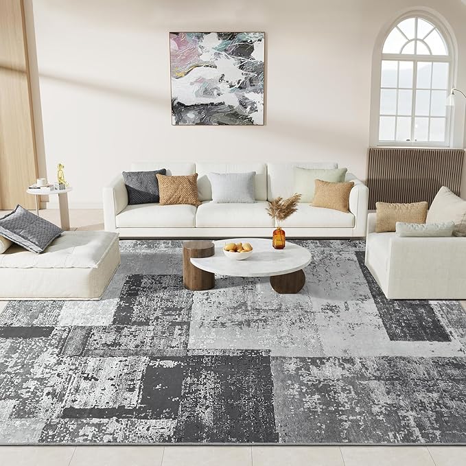 LOCHAS Rug for Living Room, Washable Soft Area Rugs for Bedroom 9x12, Abstract Carpet for Indoor Office Kids Dining Room Nursery Floor, Grey Geometric Vintage Home Decor, Non Slip, Pet Child Friendly