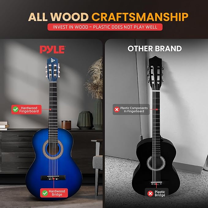 Pyle Beginner Acoustic Guitar Kit, 3/4 Junior Size All Wood Build Nylon String Instrument with Capo, Gig Bag, Strap, Extra String Set, Guitars for Beginners Adults and Youth, 36" Blue Burst Gloss