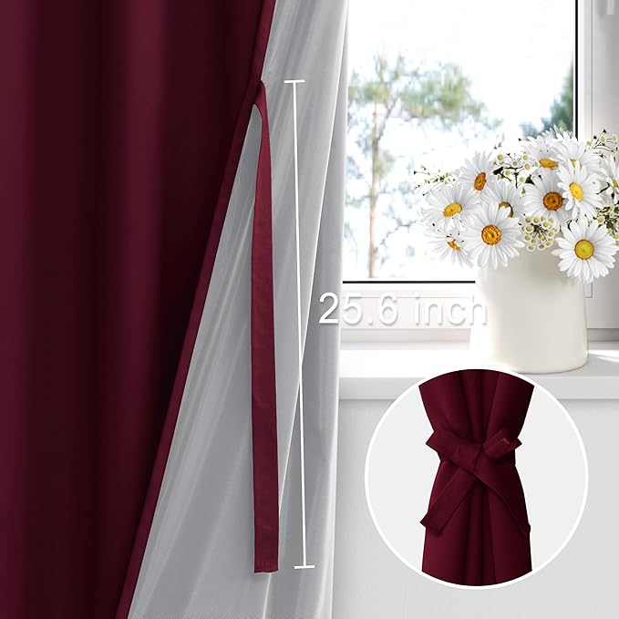 XWZO 100% Blackout Curtains with Tiebacks- 2 Thick Layers Completely Shaded Window Treatment Thermal Insulated Lined Drapes for Bedroom/Party, Rod Pocket, Burgundy, W70 x L63, Set of 2 Panels