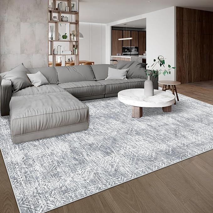 COZYLOOM 9x12 Rugs for Living Room Machine Washable Rug Modern Abstract Floor Cover with Non Slip Backing Satin Resistant Ultra Soft Geometric Carpet for Bedroom Office, Grey