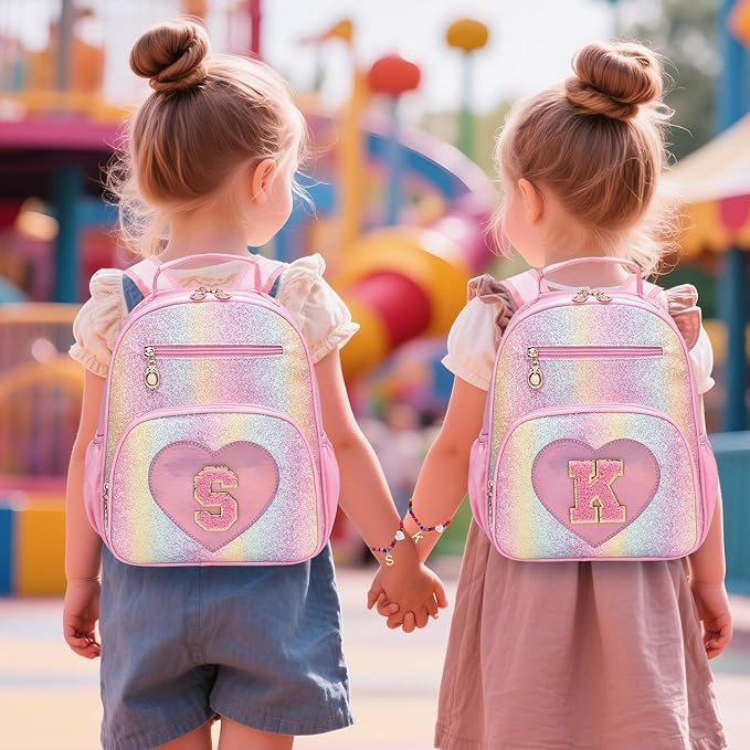 I IHAYNER Kids Glitter Lightweight Backpack for School Travel & Daycare, Toddler Backpack for Girls 3+ Preschool Kindergarten Elementary Kids Backpack-Rainbow Pink L