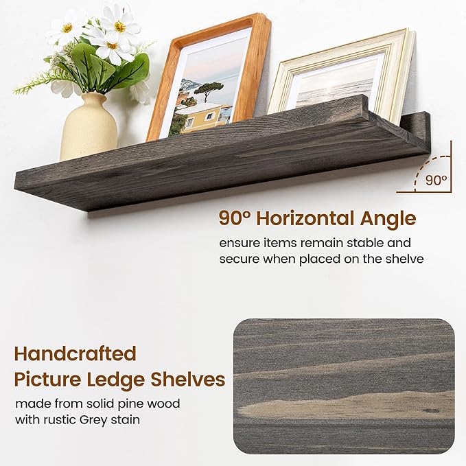 Picture Ledge Wall Shelves - 36 Inch Width Set of 3, Solid Pine Wood Rustic Floating Ledge Shelves for Kids' Room, Bedroom, Kitchen, Bathroom, Living Room, Nursery Display Wall Decor, Grey