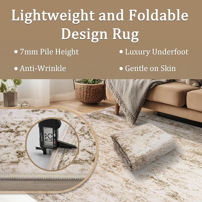 9x12 Area Rug Living Room Rugs - Washable Rug Large Modern Abstract Soft Thin Carpets Indoor Floor No Slip Vintage Carpet for Bedroom Under Dining Table Nursery Home Office Decor Beige