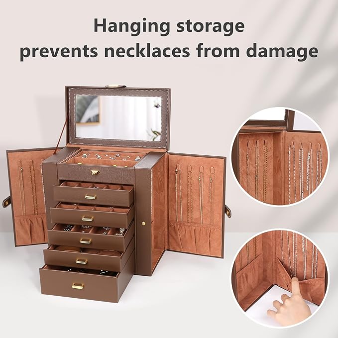 Kendal Extra Large Jewelry Box Jewelry Case PU Leather 6 Tier 5 Drawers Large Storage Capacity with Mirror Jewelry Storage Organizer Great Gift Also Good For Watches LJC-SHD5BN (Brown)
