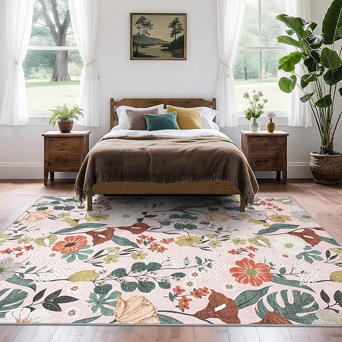 Area Rug Living Room Rugs: 5x7 Washable Rug Vintage Floral Soft Boho Non Slip Carpet Indoor Floor Non Shedding Low Pile Thin Carpets for Bedroom Dining Room Farmhouse Nursery Home Office Light Pink
