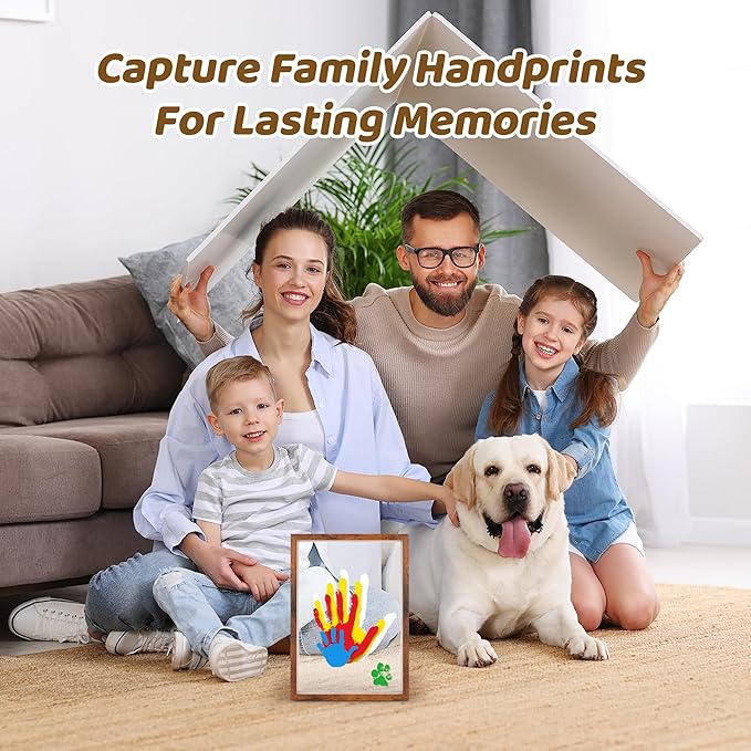 Family Handprint Kit, Hand Prints Keepsake Frame, DIY Craft Gift for New Parents & Mom & Baby, Grandparents, Mother's Day, Father's Day, Adoption Day, Anniversary, 6 Non -Toxic Paints (Brown)