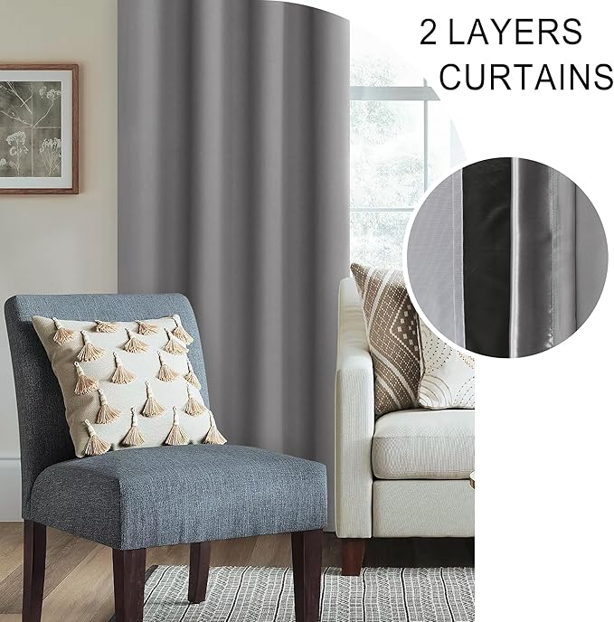 XWZO Full Shading Blackout Curtains 72 Inches Length - Heat and Light Blocking Rod Pocket Window Drapes with Black Liner Backing for Bedroom Sewn with Tiebacks, Grey, W52 x L72, Set of 2