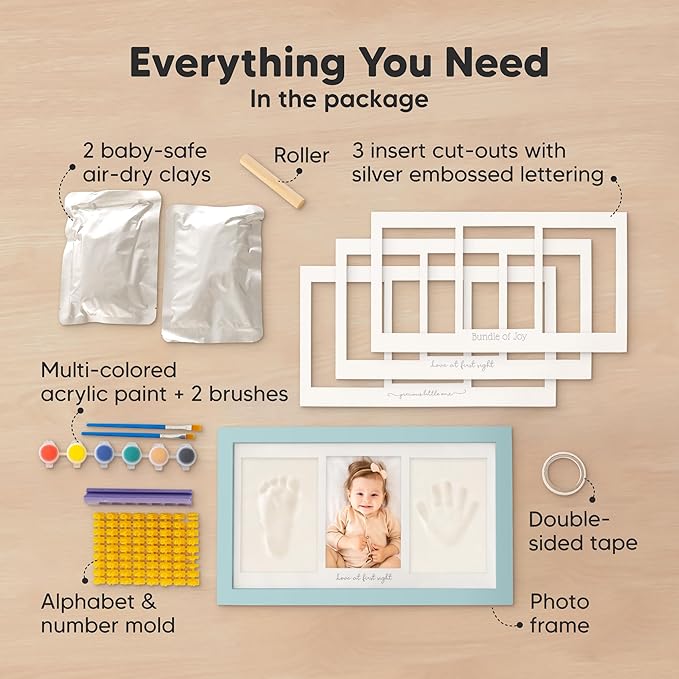 Baby Hand and Footprint Kit - Clay Handprint Keepsake Frame, Newborn Nursery Picture Frame, Personalized New Mom Gifts for Baby Shower & Registry (Sky Blue)