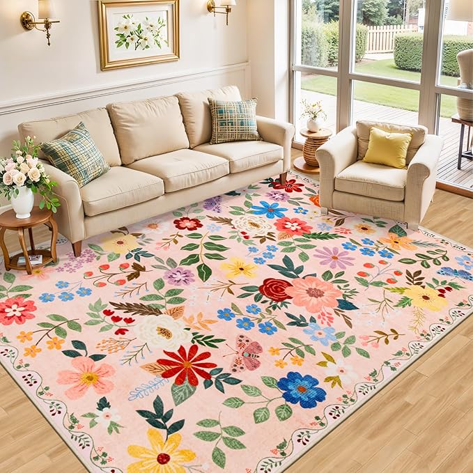 10x12 Area Rugs for Living Room: Floral Washable Rug Vintage Large Soft Boho Non-Slip Carpet Stain Resistant Low Pile Carpets for Bedroom Dining Room Farmhouse Nursery Hallway Home Office Beige