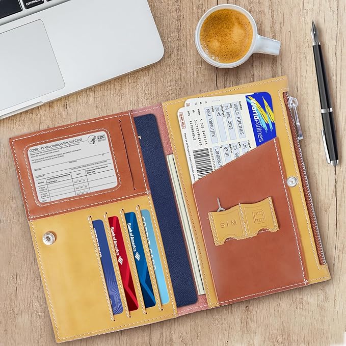 Genuine Leather Travel Passport Wallet, Slim RFID Blocking Holder for Secure Travel and Document Organization (Brown)