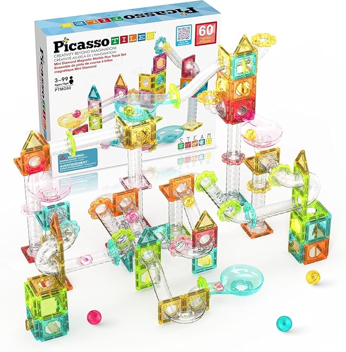 PicassoTiles 60 pc Magnet Tiles Building Block Travel Size Magnetic Marble Run Construction Toy Set Mini Diamond Marble RaceTrack Building Blocks Playset Education STEM Learning Kit Boy Girl 3+ PTMG60