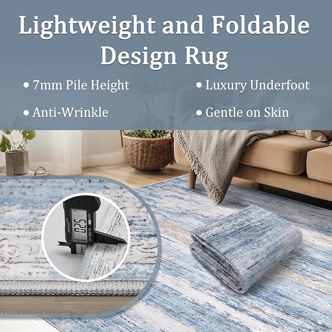 9x12 Area Rug Living Room Rugs - Washable Rug Large Modern Abstract Soft Thin Carpets Indoor Floor No Slip Vintage Carpet for Bedroom Under Dining Table Nursery Home Office Decor Blue