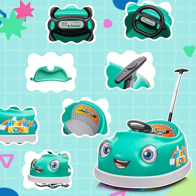 12V Dual Battery Electric Ride on Kids Bumper Car w/Remote Control,360 Degree Spin,Push Rod Rocker Horse Function,3-Speeds Babies & Toddlers Bumping Car Ride on Toy Gift for 1-4 Years Children（Green）