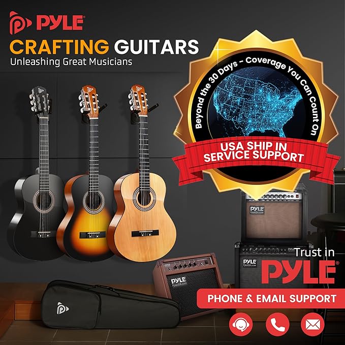 Pyle 6-String Classic Guitar-3/4 Size Scale Guitar with Digital Tuner & Accessory Kit (36’’ -inch), Right, 2 Ash, Gloss, (PGACLS82.X9)
