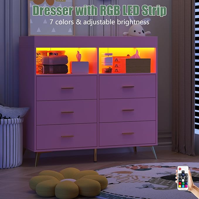 GarveeHome Dresser for Bedroom with 6 Drawers, Baby Changing Table Dresser with Changing Pad, LED Lights & Charging Station, Baby Changing Station with Changing Table Top, Pink