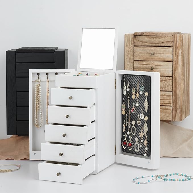 Meangood White Jewelry Box Wood for Women, 6-Layer Large Organizer Box with Mirror & 5 Drawers for Rings, Earrings, Necklaces, White