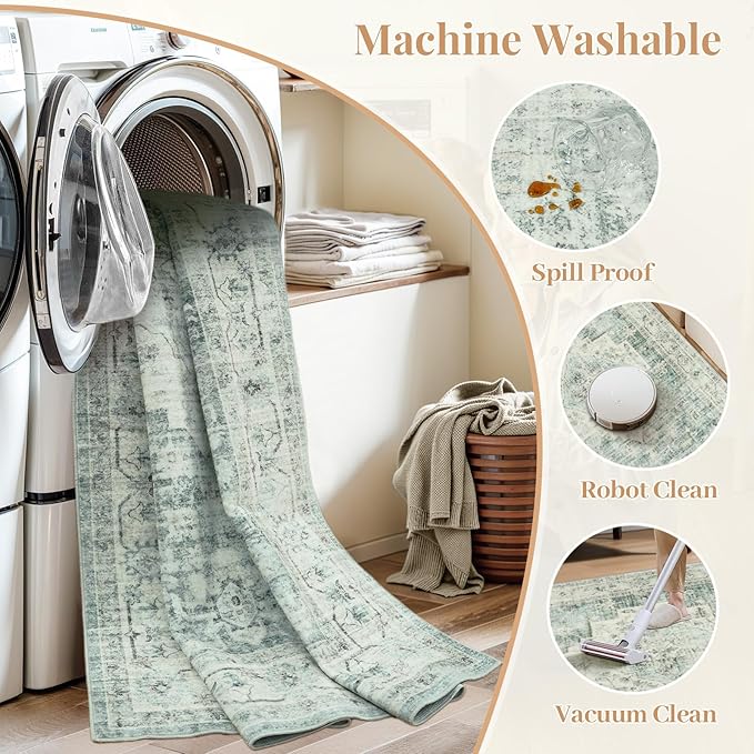 LIVEBOX Bedroom 4x6 Washable Area Rug for Entryway Kitchen, Non-Slip Soft Boho Rugs for Dining Room Office, Farmhouse Low-Pile Neutral Soft Carpet for Nursery Room Playroom, Sage Green