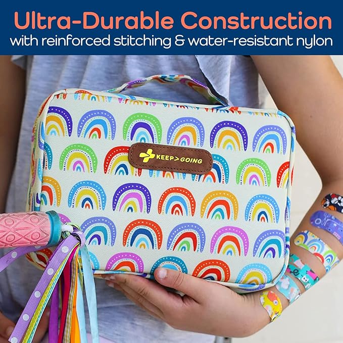 KeepGoing Large Home First Aid Kit for Kids – 270 Pc. for Car, Home, Dorm, & Boat with Latex-Free Bandages – 10 x 7 x 3.5 in. Travel First Aid Kit (Sunny Rainbow)