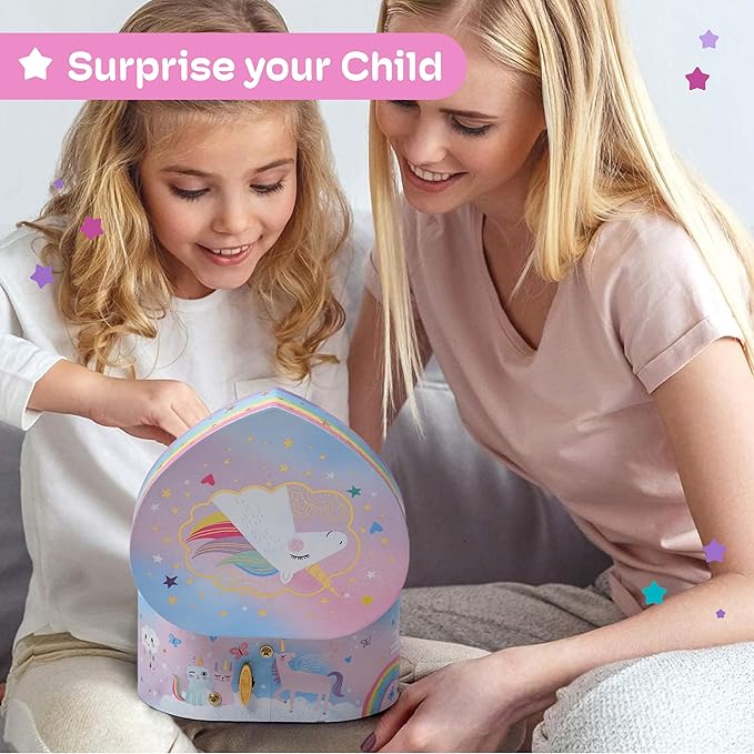 Jewelkeeper Music Jewelry Box for Girls - Sturdy Plastic with Fancy Mirror Twirling Unicorn Figurine and Flocked Lining - Kids Jewelry Box for Secrets and Keepsakes - Heart Shaped Unicorn Print