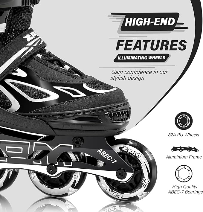 2PM SPORTS Vinal Girls Adjustable Flashing Inline Skates, All Wheels Light Up, Fun Illuminating Skates for Kids Men Adult Women and Boys