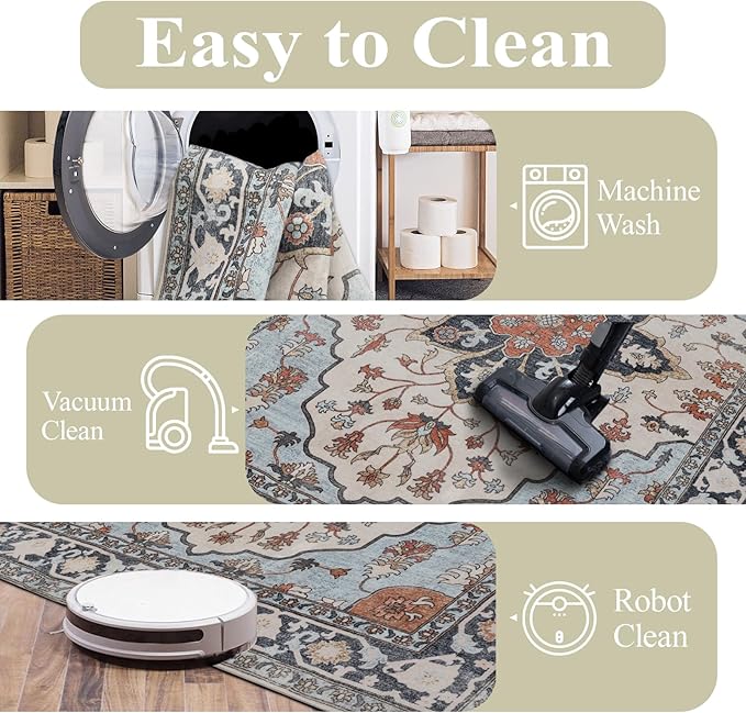 9x12 Area Rug Living Room Rugs, Stain Resistant Washable Rug, Vintage Large Non-Slip Backing, Low Pile Lightweight Print Rug for Bedroom Dinning Room Home Office (Blue/Gray)