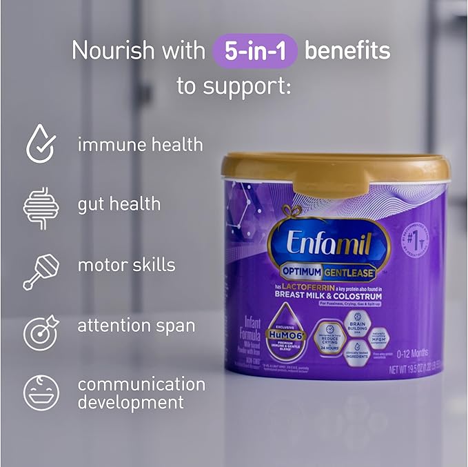 Enfamil Optimum Gentlease Baby Formula, Our Closest Formula to Breast Milk For Fussiness, Crying, Gas & Spit-up, Immune-Supporting Lactoferrin also found in Breast Milk, 19.5 Oz, Pack of 4