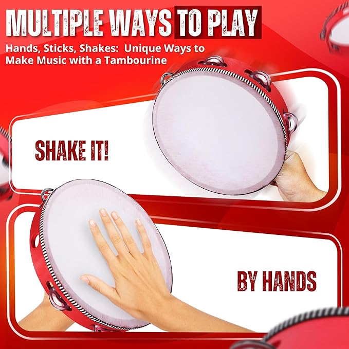 Flexzion Wooden Round Tambourine for Kids and Adults 10" Inch Single Row 8 Pair Jingles, Red Handheld Percussion Instrument for Beginner and Professional Tambourine Player