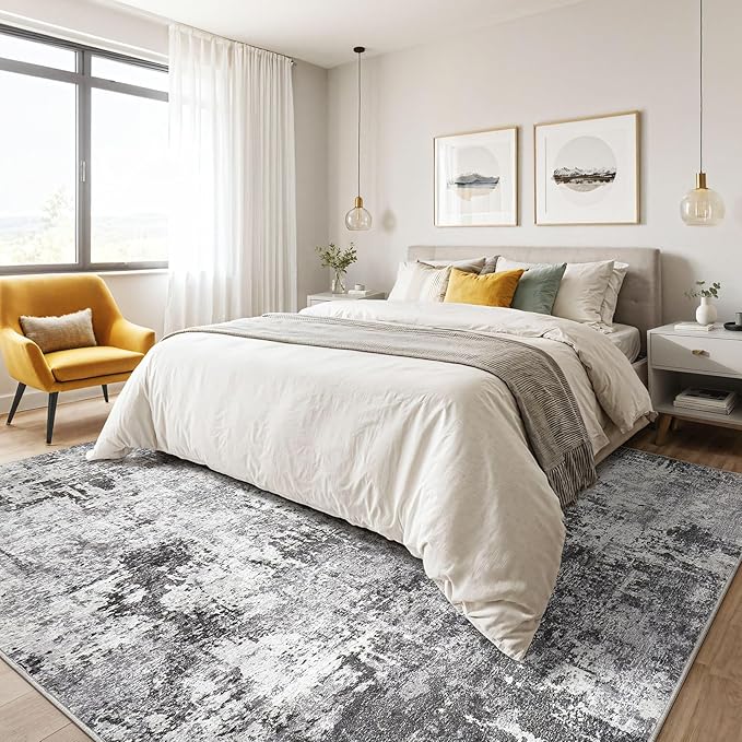 10x14 Area Rugs Living Room: Washable Large Abstract Modern Soft Rug Stain Resistant Indoor Floor Non Slip Accent Carpet for Bedroom Nursery Playroom Office Dining Room Dorm Home House- Black Grey