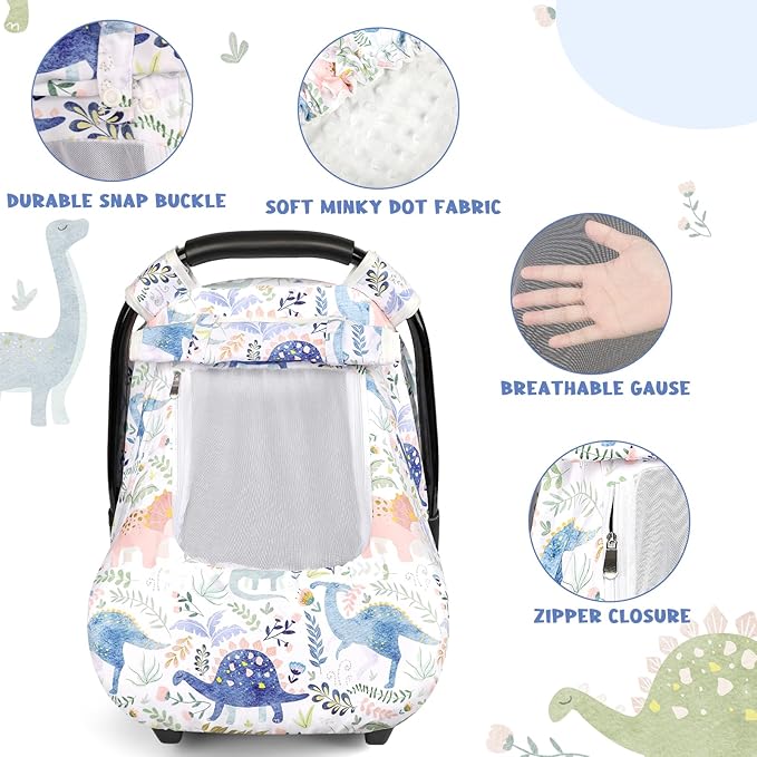 Pea Pod Car Seat Cover Baby Boy, Infant Car Seat Canopy Covers for Newborn with 2 Layers Windows of Breathable Mesh Fabric, Lightweight Polyester/Soft Minky Dot Backing