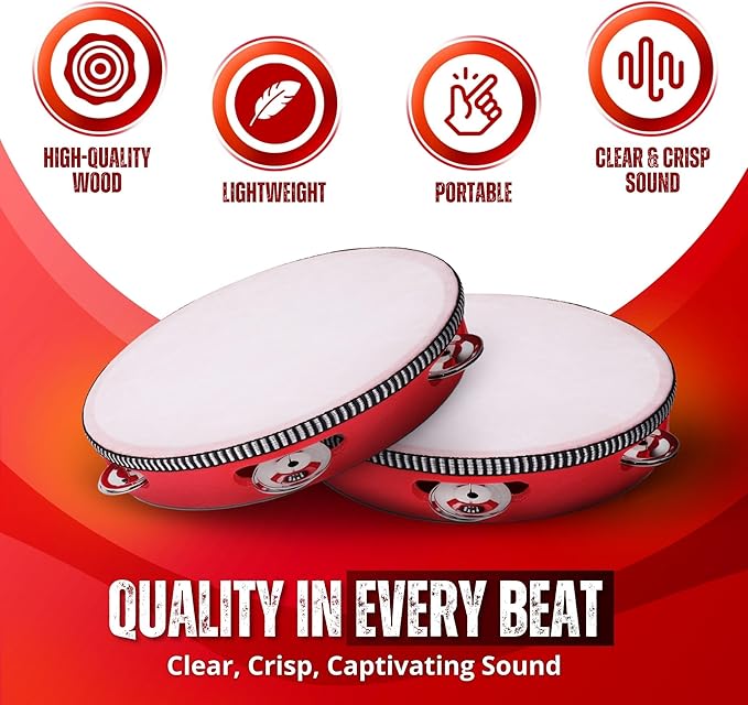 Flexzion Wooden Round Tambourine for Kids and Adults 8" Inch Single Row 8 Pair Jingles, Red Handheld Percussion Instrument for Beginner and Professional Tambourine Player