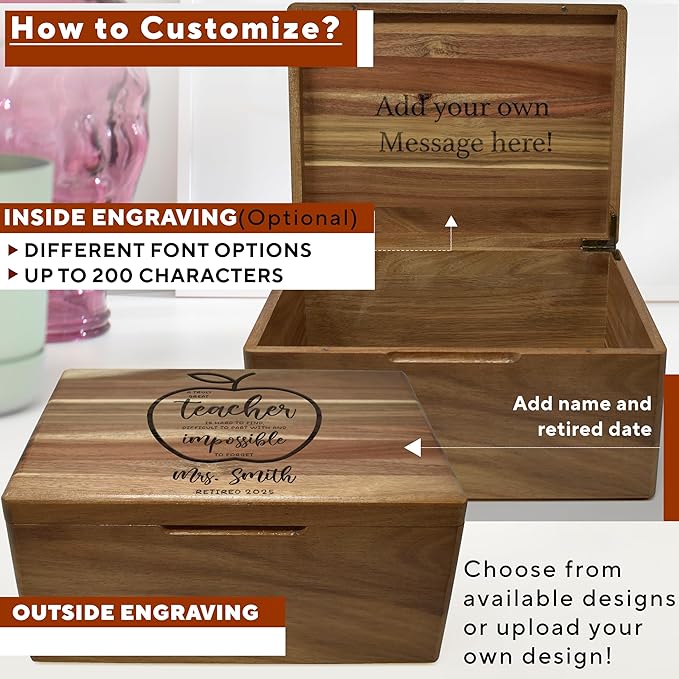 Retirement Gift for Teacher - Wooden Keepsake Box, Teacher Appreciation Gifts Personalized, Farewell Gift for Teachers, Keepsake Chest Acacia Wood, Custom Engraved Design, 11.5 x 8.5 x 5.5 in
