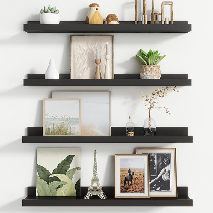 Floating Picture Ledge Shelves for Wall Set of 4, 24 Inch Wall Shelves with Lip Long Large Nursery Book Shelf for Toys Storage Kids Bookshelf Wall Mounted Living Room Bedroom Decor Frames