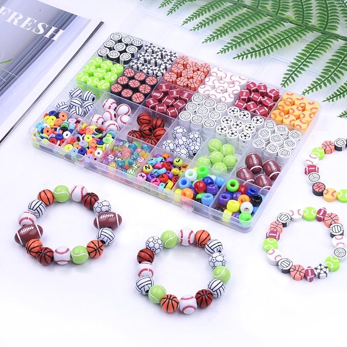 1000PCS Sports Ball Polymer Clay Beads Charms for Friendship Bracelets Making Kit Cute Fun Beads DIY Arts Crafts Birthday Gifts for Kids Girls Baseball Basketball Soccer Rugby Volleyball Football Bead
